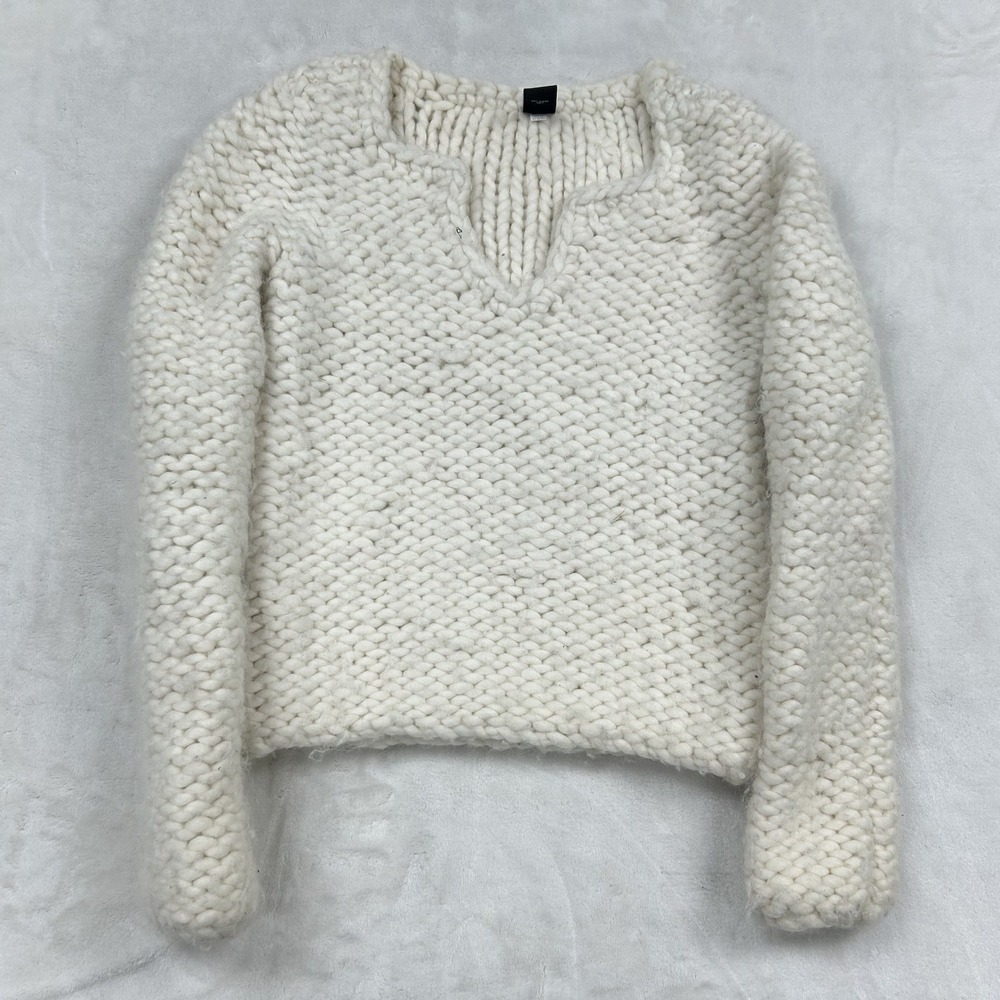 Gap Sweater Womens M White 100% Wool Chunky Hand Knit V-Neck Heavy Garter Stitch